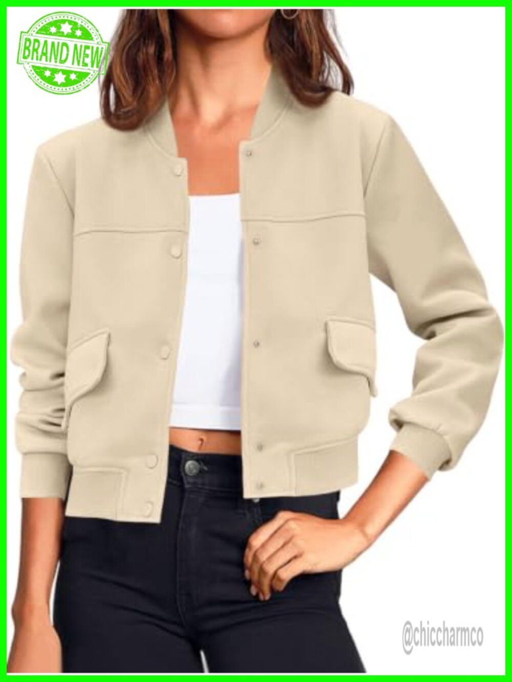 Cropped Bomber Jacket Button Down Varsity Shacket Long Sleeve Casual Women